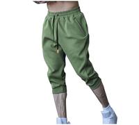 Mens Shorts 3/4 Jogger Solid Color Capris Pants Summer Three Quarter Length Trousers Casual Sports Gym Running Training Bottoms Elasticated Waist Below Knee Short Joggers Bottoms Green