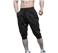 Mens Shorts 3/4 Jogger Solid Color Capris Pants Summer Three Quarter Length Trousers Casual Sports Gym Running Training Bottoms Elasticated Waist Below Knee Short Joggers Bottoms Black