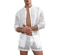 Mens Shorts and Shirt Sets Sexy Transparent 2 Piece Pyjamas Summer Hollow Mesh Leisure Suit Button Down Long Sleeve Shirts+Shee Shorts Erotic Pajama Set Regular Fit Beach Beachwear