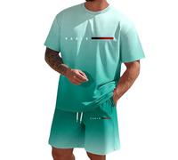 Mens Shorts and T Shirts Sets Gradient Paris Element Round Neck Short Sleeve T-Shirt Shorts 2 Piece Sets Relaxed Fit Breathable Lightweight Summer Two Piece Outfits