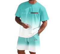 Mens Shorts and T Shirts Sets Gradient Paris Element Round Neck Short Sleeve T-Shirt Shorts 2 Piece Sets Relaxed Fit Breathable Lightweight Summer Two Piece Outfits