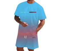 Mens Shorts and T Shirts Sets Gradient Paris Element Round Neck Short Sleeve T-Shirt Shorts 2 Piece Sets Relaxed Fit Breathable Lightweight Summer Two Piece Outfits