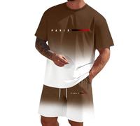 Mens Shorts and T Shirts Sets Gradient Paris Element Round Neck Short Sleeve T-Shirt Shorts 2 Piece Sets Relaxed Fit Breathable Lightweight Summer Two Piece Outfits