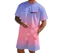 Mens Shorts and T Shirts Sets Gradient Paris Element Round Neck Short Sleeve T-Shirt Shorts 2 Piece Sets Relaxed Fit Breathable Lightweight Summer Two Piece Outfits