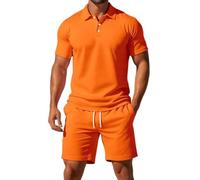 Mens Shorts and T Shirts Sets Mens 2 Piece Summer Outfits Lightweight Breathe 3 Button Ribbed Collar Golf Polo Shirt Drawstring Elastic Waist Knee Length Shorts with Pockets Solid Color Tracksuit Set