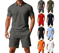 Mens Shorts and T Shirts Sets Mens 2 Piece Summer Outfits Lightweight Breathe 3 Button Ribbed Collar Golf Polo Shirt Drawstring Elastic Waist Knee Length Shorts with Pockets Solid Color Tracksuit Set