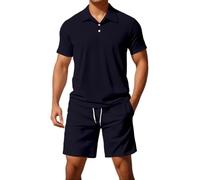Mens Shorts and T Shirts Sets Mens 2 Piece Summer Outfits Lightweight Breathe 3 Button Ribbed Collar Golf Polo Shirt Drawstring Elastic Waist Knee Length Shorts with Pockets Solid Color Tracksuit Set