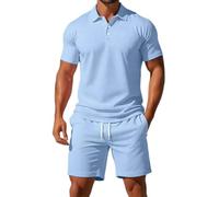 Mens Shorts and T Shirts Sets Mens 2 Piece Summer Outfits Lightweight Breathe 3 Button Ribbed Collar Golf Polo Shirt Drawstring Elastic Waist Knee Length Shorts with Pockets Solid Color Tracksuit Set