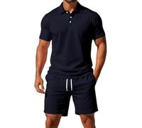 Mens Shorts and T Shirts Sets Mens 2 Piece Summer Outfits Lightweight Breathe 3 Button Ribbed Collar Golf Polo Shirt Drawstring Elastic Waist Knee Length Shorts with Pockets Solid Color Tracksuit Set