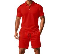 Mens Shorts and T Shirts Sets Mens 2 Piece Summer Outfits Lightweight Breathe 3 Button Ribbed Collar Golf Polo Shirt Drawstring Elastic Waist Knee Length Shorts with Pockets Solid Color Tracksuit Set