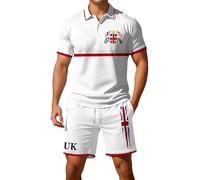 Mens Shorts and T Shirts Sets Pink White Red Union Jack Flags Print Tracksuit Pjs Short Sleeve Polo Shirts Gym Shorts Summer 3 Piece Outfits Men's England Shirt Great Britain Ve Day Clothes Activewear