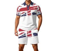 Mens Shorts and T Shirts Sets Pink White Red Union Jack Flags Print Tracksuit Pjs Short Sleeve Polo Shirts Gym Shorts Summer 3 Piece Outfits Men's England Shirt Great Britain Ve Day Clothes Activewear