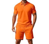 Mens Shorts and T Shirts Sets Summer Outfits Lightweight Breathe 3 Button Ribbed Collar Golf Polo Shirt Drawstring Elastic Waist Knee Length Shorts with Pockets Solid Color Tracksuit Set Orange
