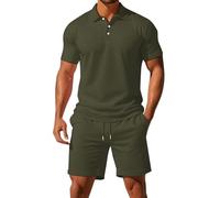 Mens Shorts and T Shirts Sets Summer Outfits Lightweight Breathe 3 Button Ribbed Collar Golf Polo Shirt Drawstring Elastic Waist Knee Length Shorts with Pockets Solid Color Tracksuit Set Green