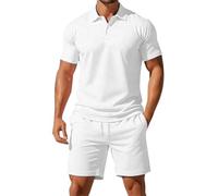 Mens Shorts and T Shirts Sets Summer Outfits Lightweight Breathe 3 Button Ribbed Collar Golf Polo Shirt Drawstring Elastic Waist Knee Length Shorts with Pockets Solid Color Tracksuit Set White