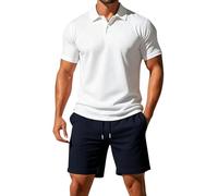 Mens Shorts and T Shirts Sets Summer Outfits Lightweight Breathe 3 Button Ribbed Collar Golf Polo Shirt Drawstring Elastic Waist Knee Length Shorts with Pockets Solid Color Tracksuit Set Pink