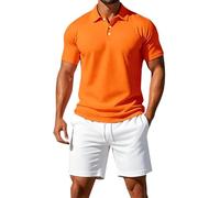 Mens Shorts and T Shirts Sets Summer Outfits Lightweight Breathe 3 Button Ribbed Collar Golf Polo Shirt Drawstring Elastic Waist Knee Length Shorts with Pockets Solid Color Tracksuit Set