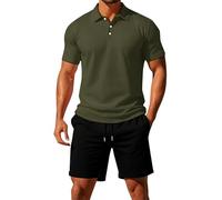 Mens Shorts and T Shirts Sets Summer Outfits Lightweight Breathe 3 Button Ribbed Collar Golf Polo Shirt Drawstring Elastic Waist Knee Length Shorts with Pockets Solid Color Tracksuit Set Dark Purple