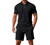 Mens Shorts and T Shirts Sets Summer Outfits Lightweight Breathe 3 Button Ribbed Collar Golf Polo Shirt Drawstring Elastic Waist Knee Length Shorts with Pockets Solid Color Tracksuit Set Black