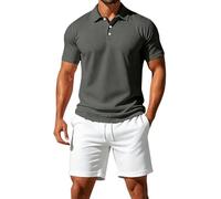 Mens Shorts and T Shirts Sets Summer Outfits Lightweight Breathe 3 Button Ribbed Collar Golf Polo Shirt Drawstring Elastic Waist Knee Length Shorts with Pockets Solid Color Tracksuit Set