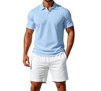 Mens Shorts and T Shirts Sets Summer Outfits Lightweight Breathe 3 Button Ribbed Collar Golf Polo Shirt Drawstring Elastic Waist Knee Length Shorts with Pockets Solid Color Tracksuit Set
