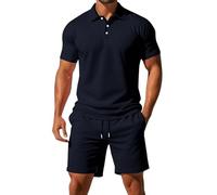 Mens Shorts and T Shirts Sets Summer Outfits Lightweight Breathe 3 Button Ribbed Collar Golf Polo Shirt Drawstring Elastic Waist Knee Length Shorts with Pockets Solid Color Tracksuit Set Navy
