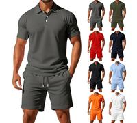 Mens Shorts and T Shirts Sets Summer Outfits Lightweight Breathe 3 Button Ribbed Collar Golf Polo Shirt Drawstring Elastic Waist Knee Length Shorts with Pockets Solid Color Tracksuit Set Grey