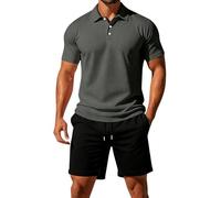 Mens Shorts and T Shirts Sets Summer Outfits Lightweight Breathe 3 Button Ribbed Collar Golf Polo Shirt Drawstring Elastic Waist Knee Length Shorts with Pockets Solid Color Tracksuit Set