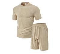 Mens Shorts Set - Men's Summer Casual Button Solid Color Towel Short Sleeve Shorts Set
