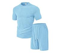 Mens Shorts Set - Men's Summer Casual Button Solid Color Towel Short Sleeve Shorts Set