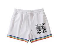 Men's Shorts Summer 2026 Casual Shorts with Drawstring for Men with Qr Code Print Rainbow Design Comfortable Muslin Jogging Bottoms Black Training Trousers, White, M