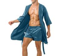 Men's Silk Dressing Gown Lightweight Silk German Bathrobe Without Hood Plain Thin Sexy Short Sleeve Simple Loose Bathrobe for Men Plus Size Pyjamas, AG, XL