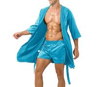 Men's Silk Dressing Gown Lightweight Silk German Bathrobe Without Hood Plain Thin Sexy Short Sleeve Simple Loose Bathrobe for Men Plus Size Pyjamas, blue, L