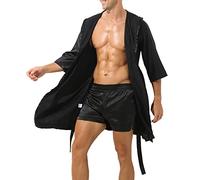 Men's Silk Dressing Gown Lightweight Silk German Bathrobe Without Hood Plain Thin Sexy Short Sleeve Simple Loose Bathrobe for Men Plus Size Pyjamas, black, M
