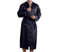 Mens Silk Dressing Gown Satin Robe Lightweight Long Sleeve Bathrobe Solid Color Silk Satin Kimono Robe Knee Length Nightgown Sleepwear Soft Cozy Casual Housecoats Loungewear Black