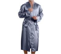 Mens Silk Dressing Gown Satin Robe Lightweight Long Sleeve Bathrobe Solid Color Silk Satin Kimono Robe Knee Length Nightgown Sleepwear Soft Cozy Casual Housecoats Loungewear Gray