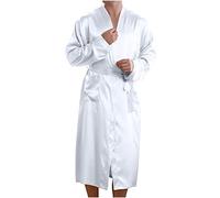 Mens Silk Dressing Gown Satin Robe Lightweight Long Sleeve Bathrobe Solid Color Silk Satin Kimono Robe Knee Length Nightgown Sleepwear Soft Cozy Casual Housecoats Loungewear White