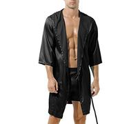 Men's Silk Dressing Gown Short Bathrobe Men's Silk Sauna Gown Lightweight Cotton House Coat Lightweight Sleepwear Set Silk Nightgowns Short Sleeve Men's Bathrobe Short Form Pyjamas, black, XL