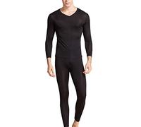 Men's Silk Long Johns|V-Neck Mens Silk Long Underwear | Mulberry Silk Thermal Underwear Sets& Base Layer, Black, Medium