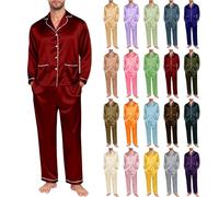 Men's Silk Satin Pyjama Set Long Sleeve Button Down tops with Long Pants Silk Pyjamas Set Lightweight Soft Comfy Two Piece Pjs sets Loungewear baggy Sleepwear plain pajamas sets Nightwear Wine