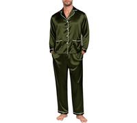 Men's Silk Satin Pyjama Set Long Sleeve Button Down tops with Long Pants Silk Pyjamas Set Lightweight Soft Comfy Two Piece Pjs sets Loungewear baggy Sleepwear plain pajamas sets Nightwear Green