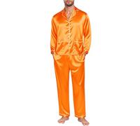 Men's Silk Satin Pyjama Set Long Sleeve Button Down tops with Long Pants Silk Pyjamas Set Lightweight Soft Comfy Two Piece Pjs sets Loungewear baggy Sleepwear plain pajamas sets Nightwear Orange