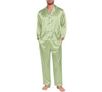 Men's Silk Satin Pyjama Set Long Sleeve Button Down tops with Long Pants Silk Pyjamas Set Lightweight Soft Comfy Two Piece Pjs sets Loungewear baggy Sleepwear plain pajamas sets Nightwear Mint Green