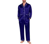 Men's Silk Satin Pyjama Set Long Sleeve Button Down tops with Long Pants Silk Pyjamas Set Lightweight Soft Comfy Two Piece Pjs sets Loungewear baggy Sleepwear plain pajamas sets Nightwear Dark Blue