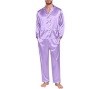 Men's Silk Satin Pyjama Set Long Sleeve Button Down tops with Long Pants Silk Pyjamas Set Lightweight Soft Comfy Two Piece Pjs sets Loungewear baggy Sleepwear plain pajamas sets Nightwear Purple