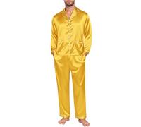 Men's Silk Satin Pyjama Set Long Sleeve Button Down tops with Long Pants Silk Pyjamas Set Lightweight Soft Comfy Two Piece Pjs sets Loungewear baggy Sleepwear plain pajamas sets Nightwear Yellow