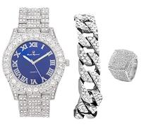 Mens Silver Big Rocks Bezel Royal-Blue Dial with Roman Numerals Fully Iced Out Watch w/Cuban Chain Bracelet & Ring Size 11- Royal Blue/Silver - ST10327CBS (11)