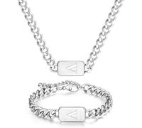 men's silver initial necklace bracelet Jewelery set for boy 2pcs Cuban chain Personalized name letters A-Z adjustable stainless steel link for men gift for him/her gift for boyfriend boys son, 22