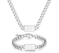 men's silver initial necklace bracelet Jewelery set for boy 2pcs Cuban chain Personalized name letters A-Z adjustable stainless steel link for men gift for him/her gift for boyfriend boys son, 22