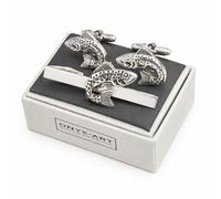 Men's Silver-Tone Trout Fish Cufflinks and Tie Clip Set with Presentation Box, Onyx Art TBC06, in Premier Life Store Box